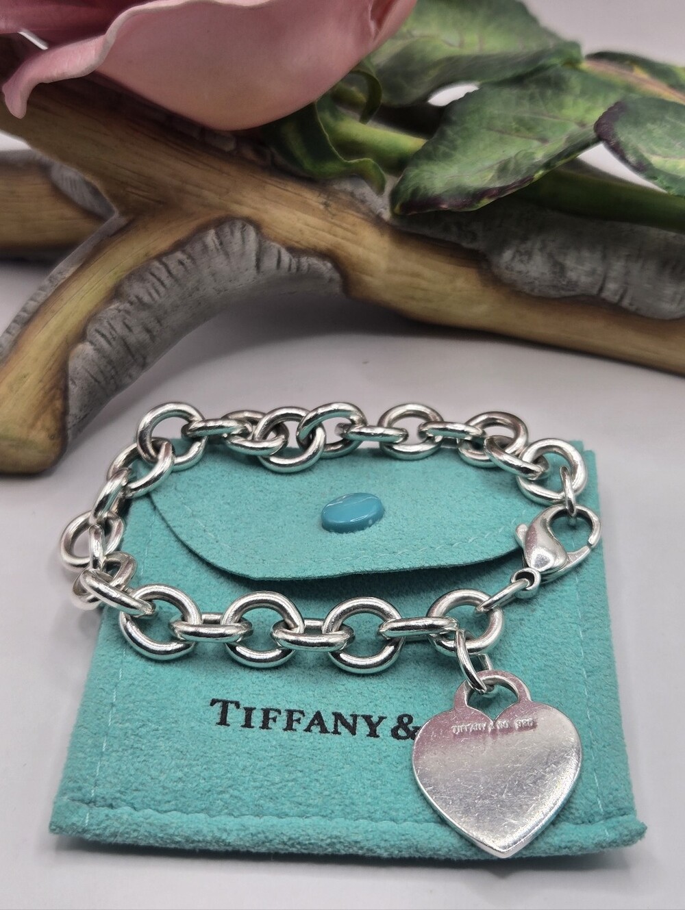 Tiffany & Co. Sterling Silver Heart Tag Charm Bracelet on Blue Pouch